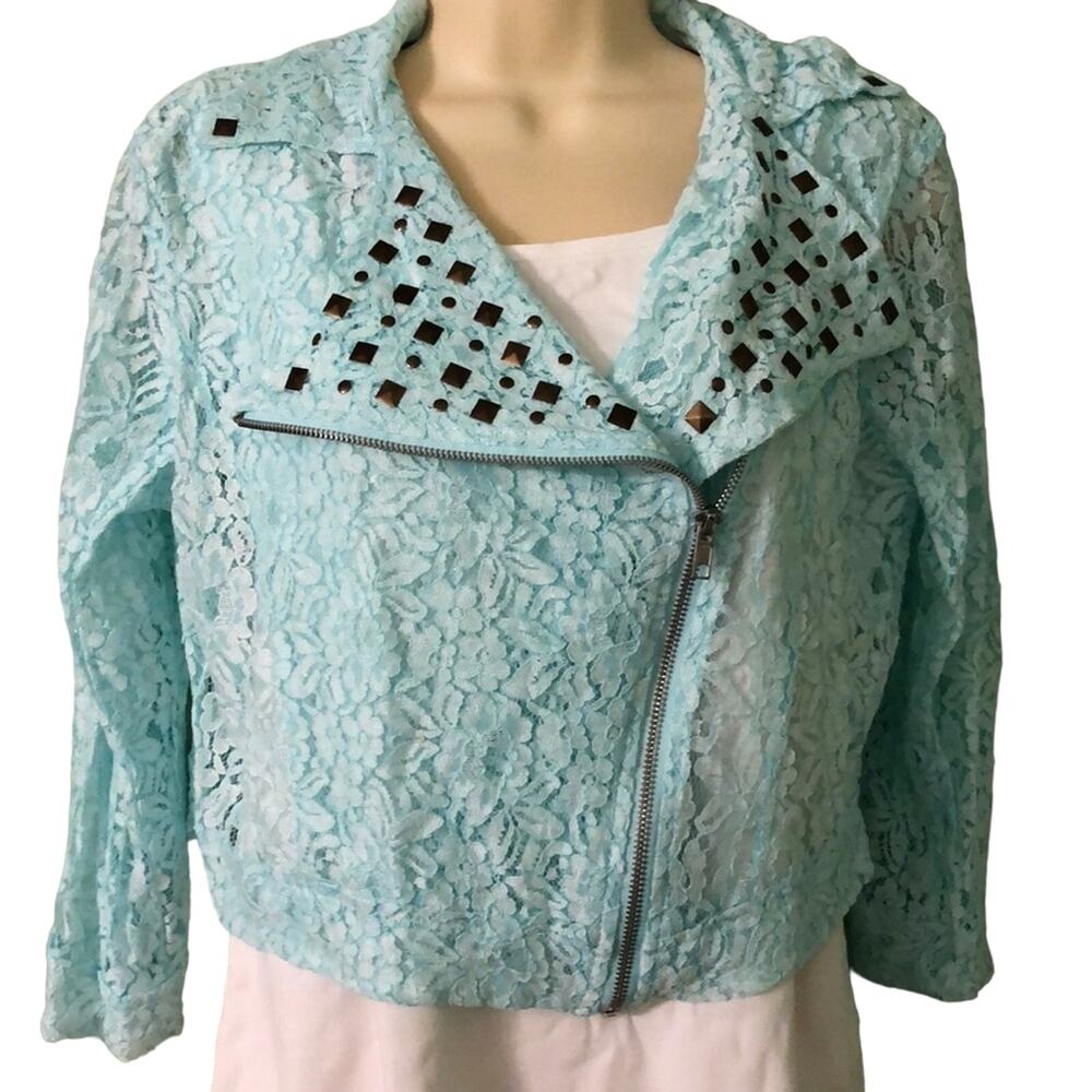 Poof Couture Wet Seal Aqua Lace Moto Cropped Jacket NWT Juniors Large